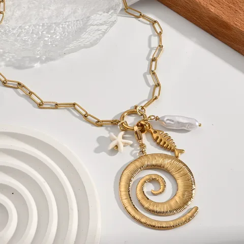 Collar De Estrella De Mar Con Rueda Y Caracol En Acero Inoxidable Para Mujer Joyería Casual De Estilo Oceánico Pulsera Colgante Para Fecha Y Fin De Semana