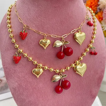 Collar En Forma De Corazón De Cereza Dulce, Cadena De Bloqueo De Ventas Europea Y Americana, Colgante Múltiple De Oro, Collar De Aleación De Cobre Con Perla Y Cereza
