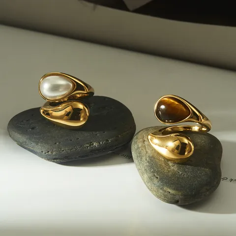 Joyería Al Por Mayor Estilo moderno Artístico Geométrico Acero inoxidable 316 Perla Ojo de Tigre Chapado En Oro De 16 Quilates Blanco Oro Plateado Chapado En Oro Anillos abiertos